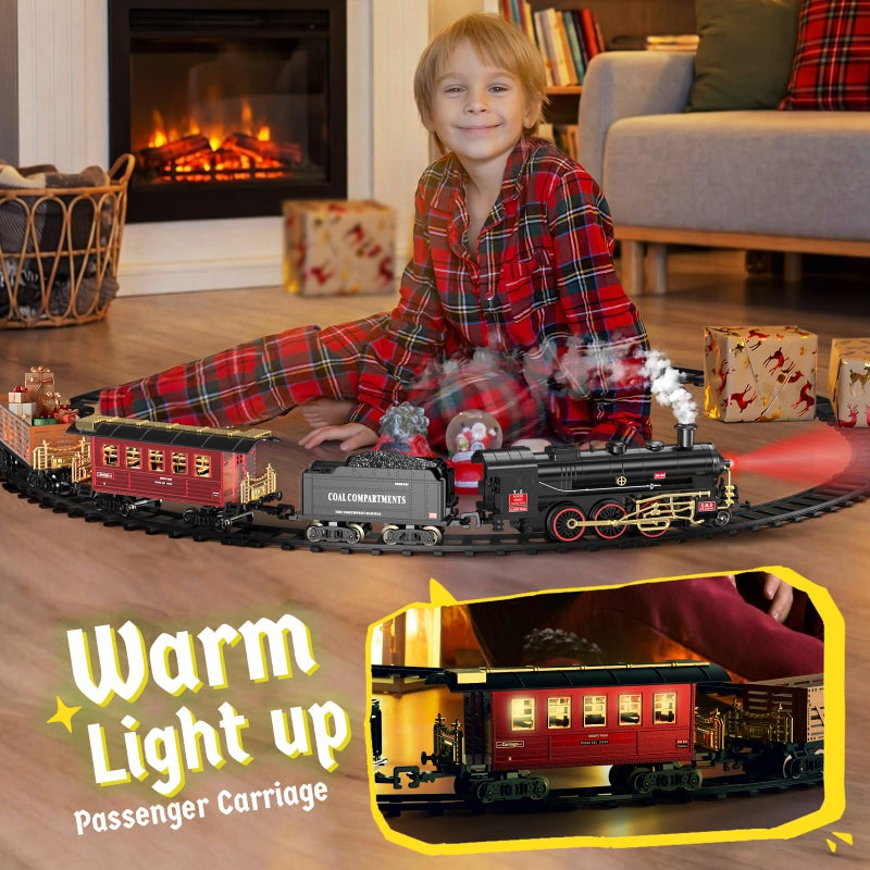 Hot Bee Train Set - Alloy Train Toys for Boys w/Glowing Carriage & Silent, Toy Train w/Smokes, Lights & Sound, Christmas Tree Train w/Steam Locomotive, Model Trains for 3 4 5 6 7 8+ Years Old Kids - Image 3