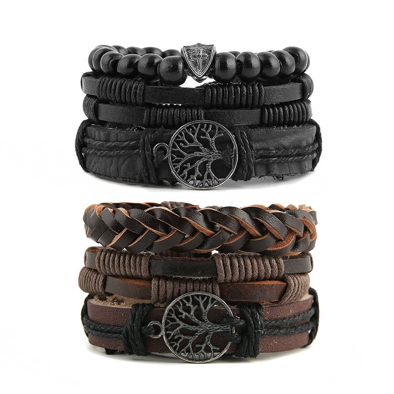 HZMAN Genuine Leather Tree of life Bracelets Men Women, Tiger Eye Natural Stone Lava Rock Beads Ethnic Tribal Elastic Bracelets Wristbands (2Pcs) - Image 1