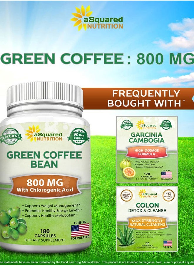 aSquared Nutrition - Natural Green Coffee Bean Formula-180 Capsules-Max Strength GCA Antioxidant Cleanse for Pure Weight Loss, 800mg per Pill-Chlorogenic Acid-1600mg Daily Supplement, Healthy Fat Burner - Image 1