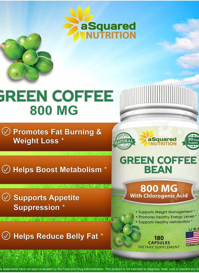 aSquared Nutrition - Natural Green Coffee Bean Formula-180 Capsules-Max Strength GCA Antioxidant Cleanse for Pure Weight Loss, 800mg per Pill-Chlorogenic Acid-1600mg Daily Supplement, Healthy Fat Burner - Image 1