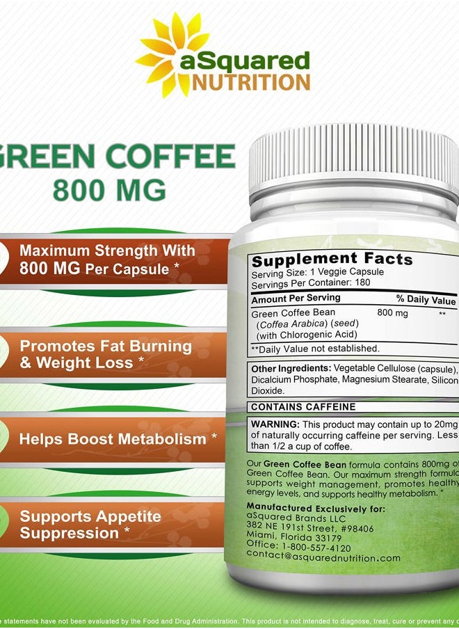 aSquared Nutrition - Natural Green Coffee Bean Formula-180 Capsules-Max Strength GCA Antioxidant Cleanse for Pure Weight Loss, 800mg per Pill-Chlorogenic Acid-1600mg Daily Supplement, Healthy Fat Burner - Image 1