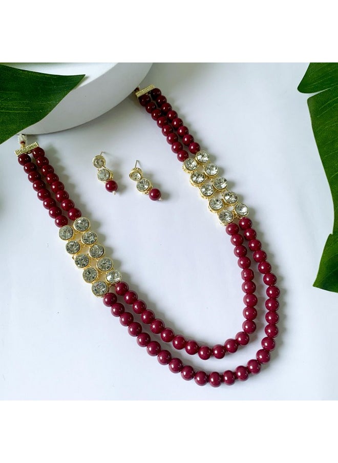 I Jewels I Jewels 18K Gold Plated Traditional Stunning White Stone Studded Layered Pearl Necklace Jewellery Set with Earrings For Women and Girls (IJ365M)  - Image 2