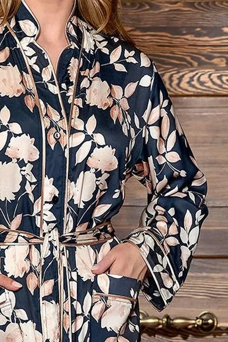 Cossy By Aqua 25198 Women's Long Sleeve Floral Pattern Stand Collar Long Dress-Floral
