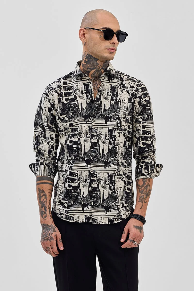 سنيتش Black Geometric Long Sleeve Slim Fit Shirt