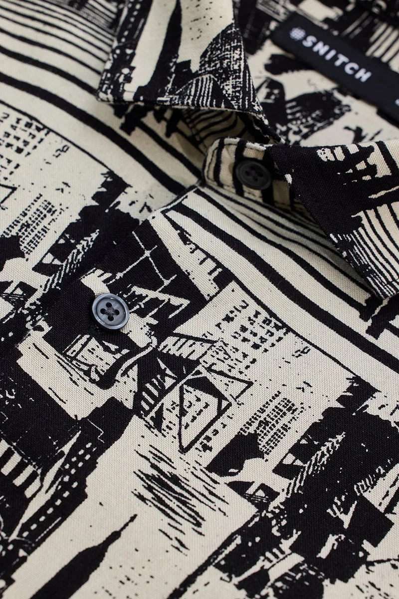 سنيتش Black Geometric Long Sleeve Slim Fit Shirt