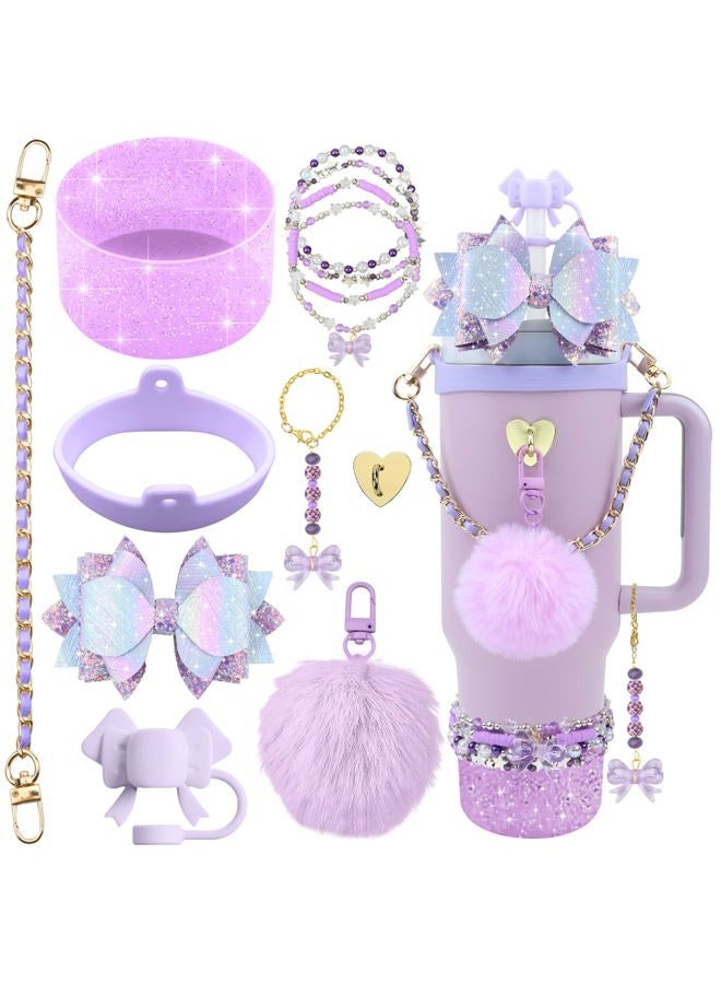 Hpebl 12PCS Accessories for Stanley Cup 40oz&30oz Tumbler Accessories including Silicone Cute Purple Bow Straw Topper Cover Silicone Stanley Boot Leather Water Handle Strap Bracelet Y2K Purple Charms - Image 1