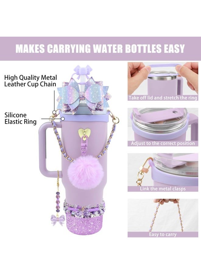 Hpebl 12PCS Accessories for Stanley Cup 40oz&30oz Tumbler Accessories including Silicone Cute Purple Bow Straw Topper Cover Silicone Stanley Boot Leather Water Handle Strap Bracelet Y2K Purple Charms - Image 2