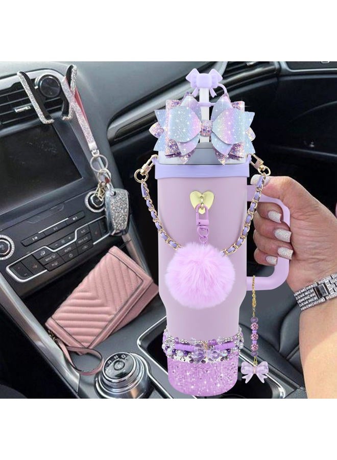 Hpebl 12PCS Accessories for Stanley Cup 40oz&30oz Tumbler Accessories including Silicone Cute Purple Bow Straw Topper Cover Silicone Stanley Boot Leather Water Handle Strap Bracelet Y2K Purple Charms - Image 5