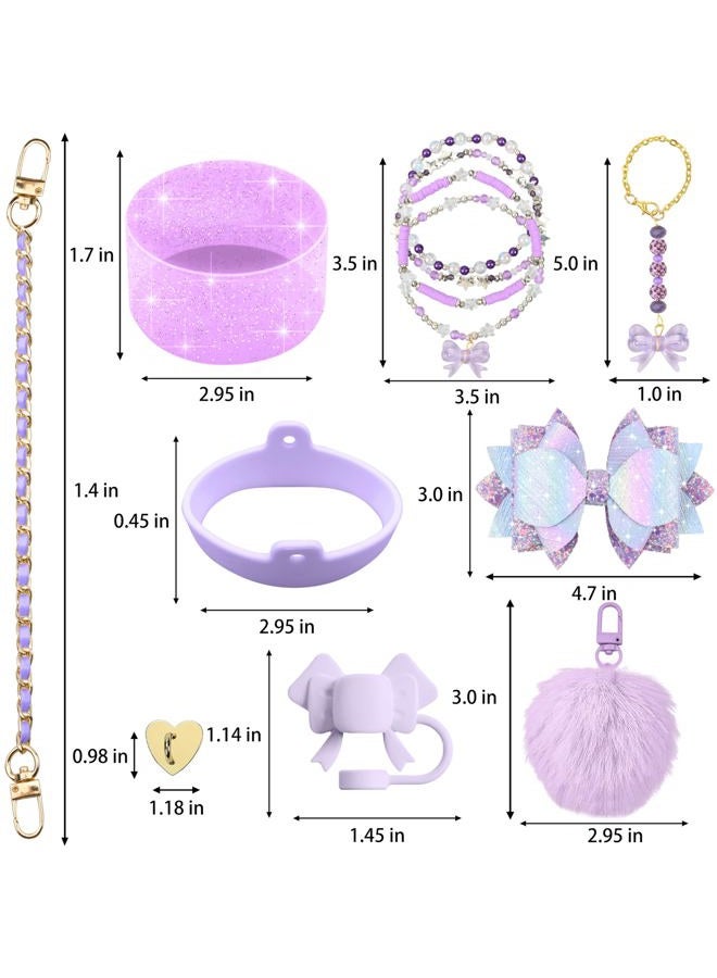 Hpebl 12PCS Accessories for Stanley Cup 40oz&30oz Tumbler Accessories including Silicone Cute Purple Bow Straw Topper Cover Silicone Stanley Boot Leather Water Handle Strap Bracelet Y2K Purple Charms - Image 3
