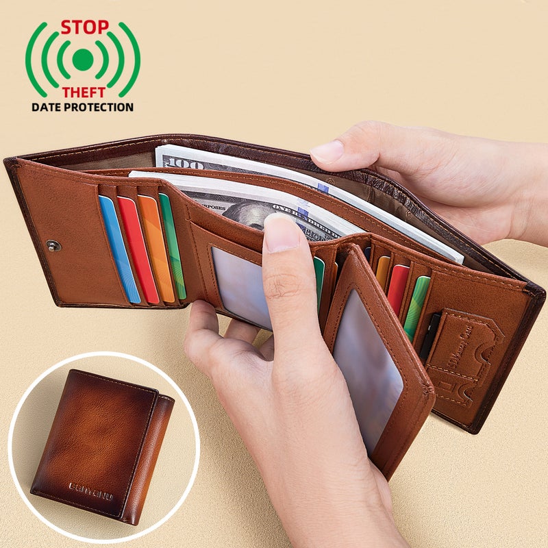 بانيانو محفظة رجالية ثلاثية الطي كبيرة الحجم - محفظة جلدية أصلية مضادة للسرقة بتقنية RFID (أزرق رمادي) - Image 4