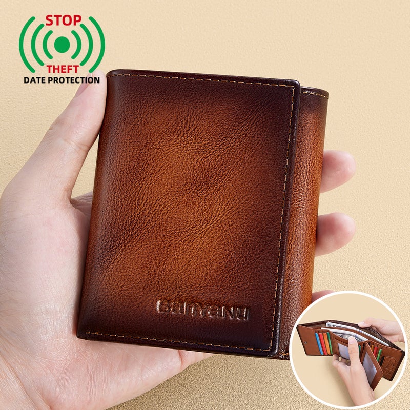 بانيانو محفظة رجالية ثلاثية الطي كبيرة الحجم - محفظة جلدية أصلية مضادة للسرقة بتقنية RFID (أزرق رمادي) - Image 3
