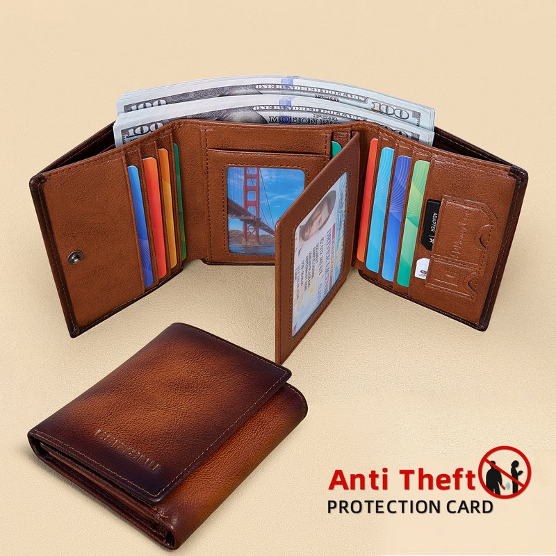 بانيانو محفظة رجالية ثلاثية الطي كبيرة الحجم - محفظة جلدية أصلية مضادة للسرقة بتقنية RFID (أزرق رمادي) - Image 2