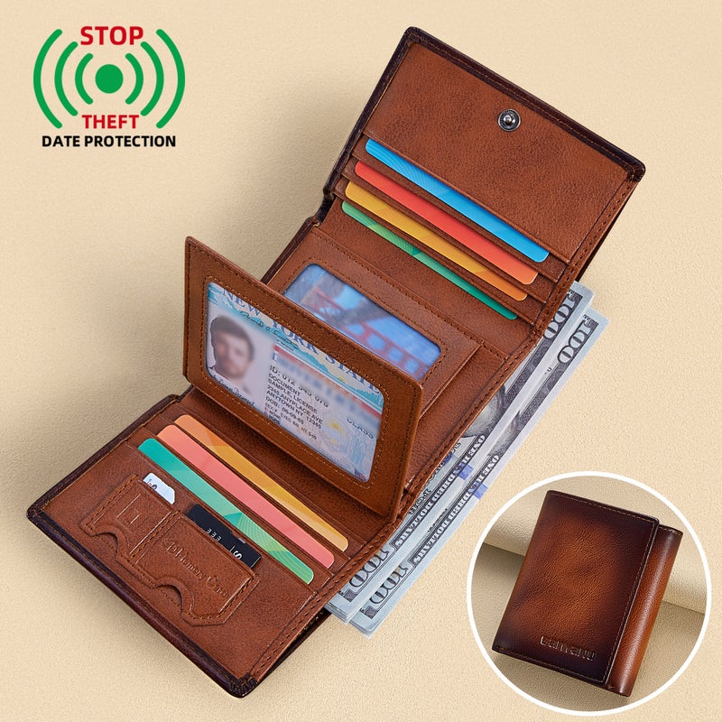 بانيانو محفظة رجالية ثلاثية الطي كبيرة الحجم - محفظة جلدية أصلية مضادة للسرقة بتقنية RFID (أزرق رمادي) - Image 5