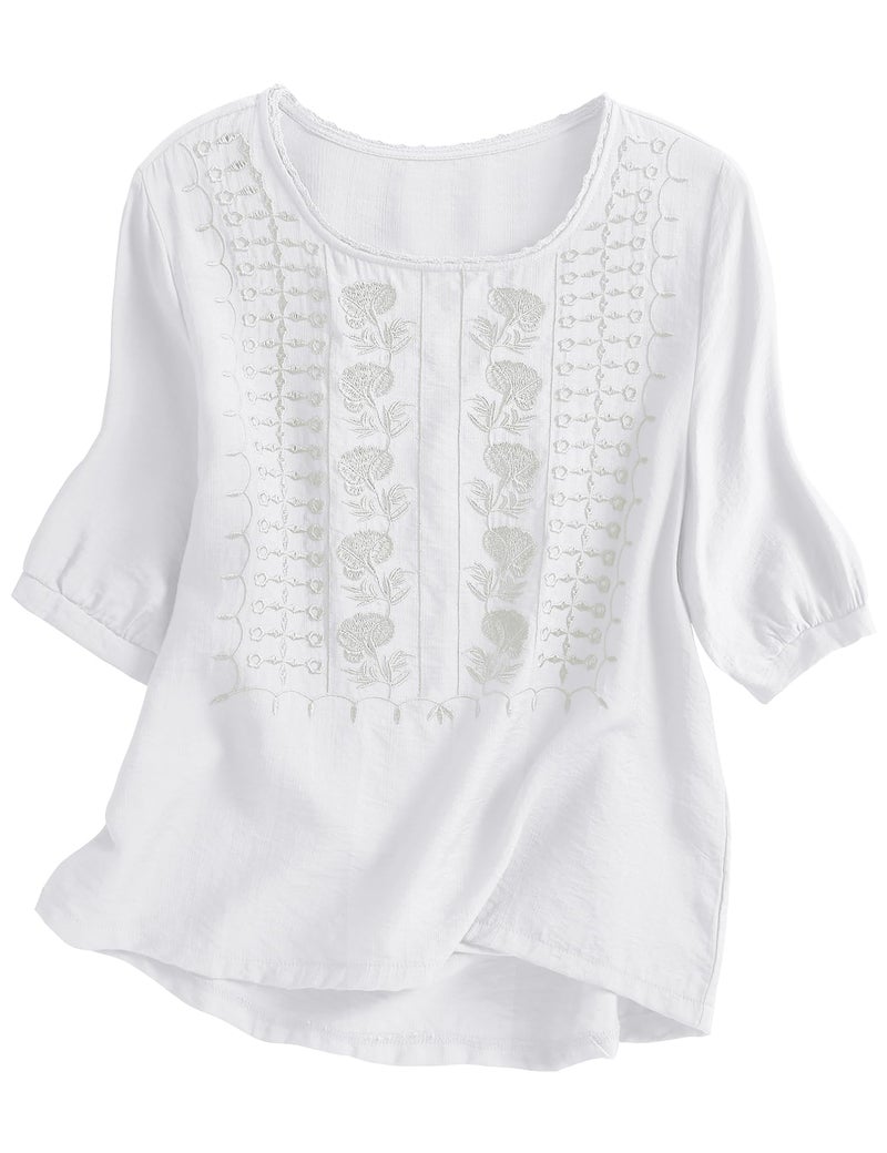 Kistore Women's Spring Peasant Tops Round Neck Short Sleeve Shirts Embroidered Work White Blouse Summer Clothes M - Image 1