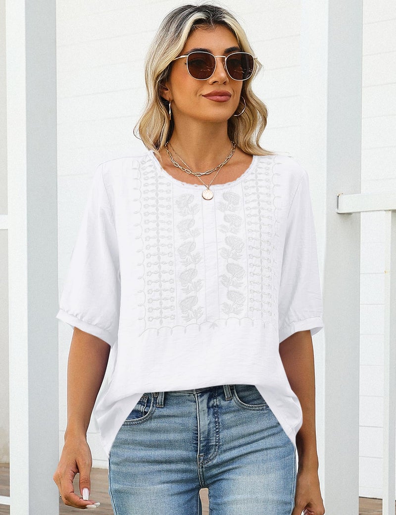 Kistore Women's Spring Peasant Tops Round Neck Short Sleeve Shirts Embroidered Work White Blouse Summer Clothes M - Image 5