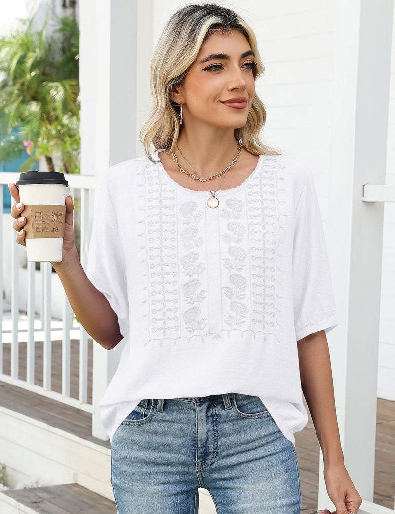 Kistore Women's Spring Peasant Tops Round Neck Short Sleeve Shirts Embroidered Work White Blouse Summer Clothes M - Image 4