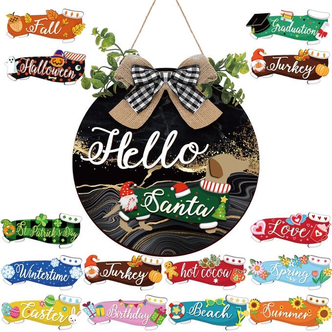 16 PCS SEASONAL INTERCHANGEABLE DACHSHUND DOOR DECOR CUTE REPLACEABLE EASTER WELCOME SIGN SEASONAL FARMHOUSE FRONT DOOR SIGNS WOOD HOME SIGNBLACK GOLD