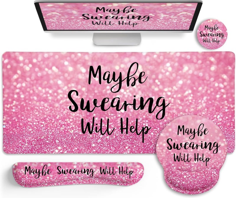 LIMKRIAN Pink Mouse Pad Set, Ergonomic Mouse Pad with Wrist Rest Keyboard Wrist Support, Large Desk Matt for Desktop, Gaming Mousepad Cup Coaster Set, Cute Pink Office Desk Accessories Decor Supplies - Image 1