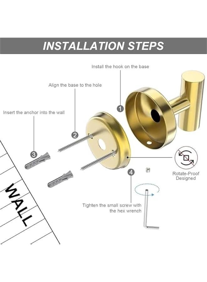 HOOKOR 4 Pack Wall Towel Hooks Bathroom Coat Hook Stainless Steel Heavy Duty Door Hanger Towel Robe Clothes Cabinet Closet Wall Hook for Bathroom Bedroom Kitchen Hotel Pool (Brushed Gold-Drill hook) - Image 3