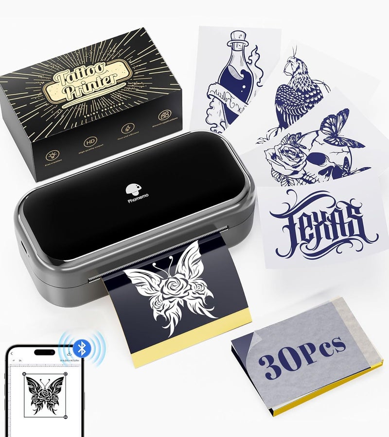 Phomemo TP31 Wireless Tattoo Stencil Printer with 30pcs Transfer Paper, Compatible with Phone & Tablet, Bluetooth Mini Thermal Tattoo Printer Machine for Artists & Beginners