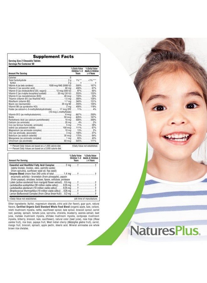 Natures Plus Animal Parade Gold Children's Chewable Multivitamin - Natural Cherry Flavor - 60 Animal Shaped-Tablets - with Vitamin D3, K2 & Probiotics - Vegetarian & Gluten Free - 120 Servings - Image 2