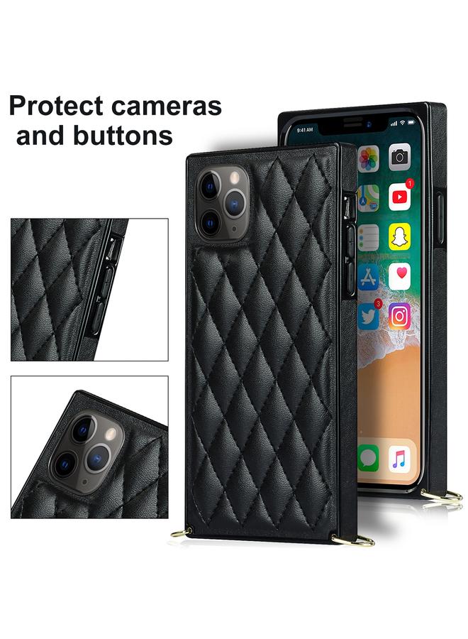S-TOP Case For iPhone 11 Pro Max Elegant Rhombic Pattern Microfiber Leather +TPU Shockproof Case with Crossbody Strap Chain - Image 4