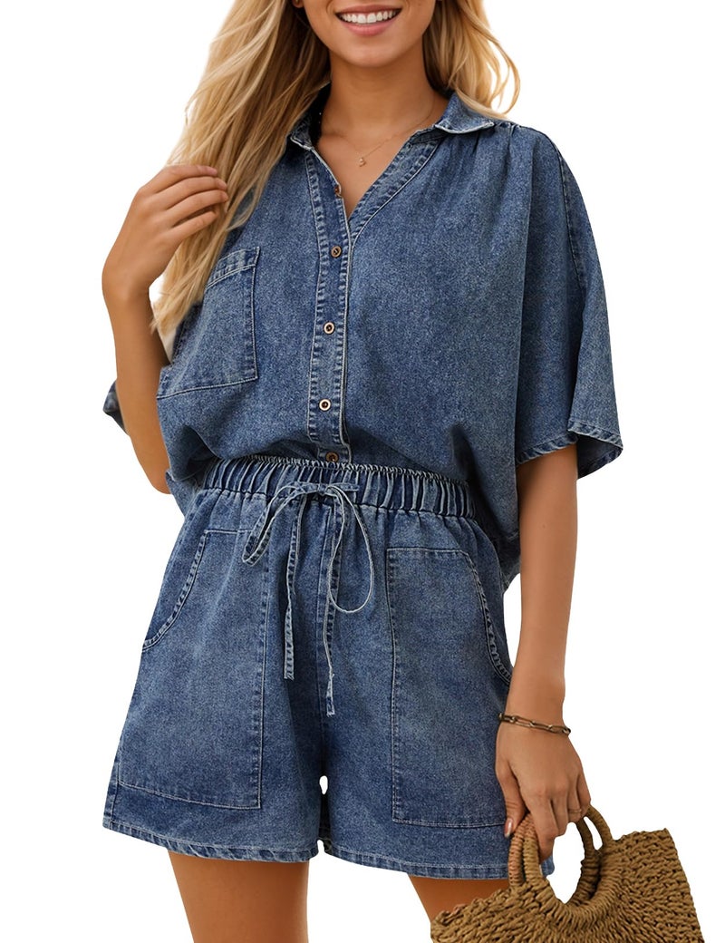 Zilcremo Womens 2 Piece Outfits Summer Denim Sets Short Sleeve Button Down Crop Jean Shirts High Waist Denim Shorts Sets Darkblue L - Image 1