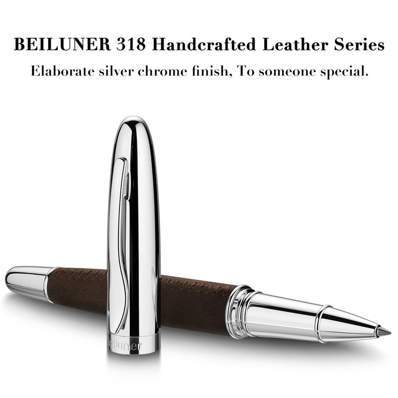 BEILUNER 318 Luxury Leather Pen, Full Grain Oil Tan Crazy Horse Cowhide Leather, Chrome-Plated Finish, Schmidt Ink Refill, Best Rollerball Pen Gift for Men & Women,Executive, Professional, Nice Pens - Image 2
