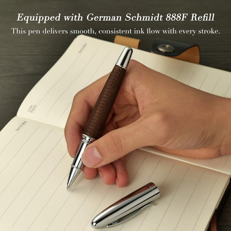 BEILUNER 318 Luxury Leather Pen, Full Grain Oil Tan Crazy Horse Cowhide Leather, Chrome-Plated Finish, Schmidt Ink Refill, Best Rollerball Pen Gift for Men & Women,Executive, Professional, Nice Pens - Image 4