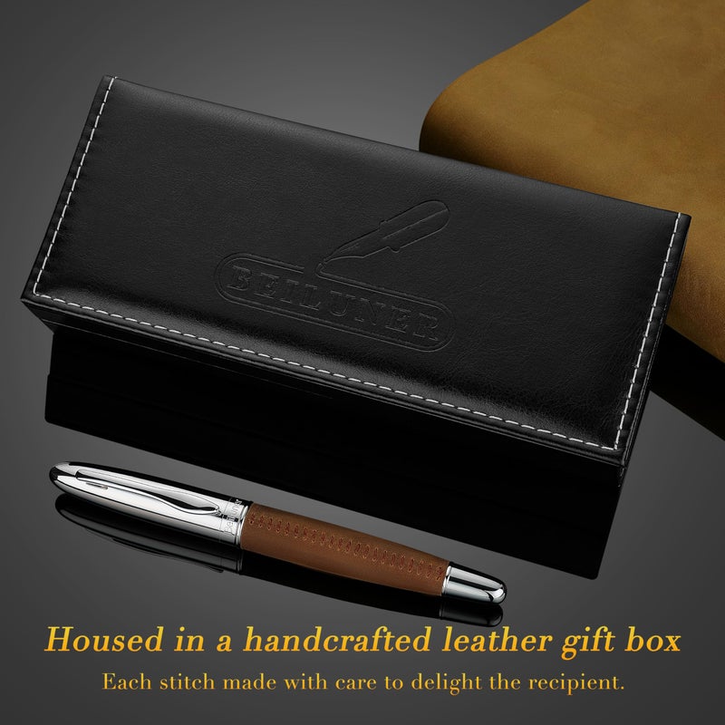 BEILUNER 318 Luxury Leather Pen, Full Grain Oil Tan Crazy Horse Cowhide Leather, Chrome-Plated Finish, Schmidt Ink Refill, Best Rollerball Pen Gift for Men & Women,Executive, Professional, Nice Pens - Image 5