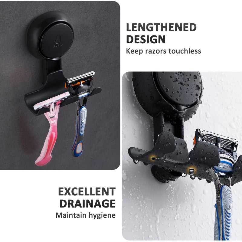LEVERLOC Razor Holder for Shower 2 Pack, Powerful Vacuum Suction Cup Hook for Towel, Loofah, Razor, Squeegee, Damage-Free Wall Shower Hook, Shaver Holder for Bathroom, Easy to Install and Reuse, Black - Image 4