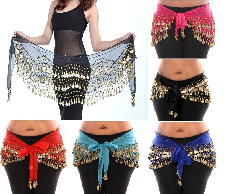 VRITRAZ Women's Chiffon Belly Dance Hip Scarf Waistband Belt Skirt with128 Ringy Golden Coins 128 Orange - Image 4