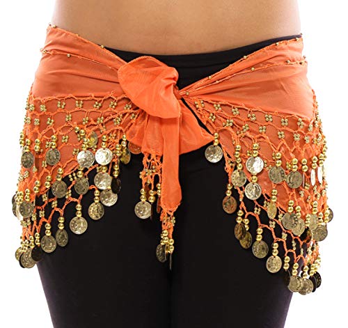 VRITRAZ Women's Chiffon Belly Dance Hip Scarf Waistband Belt Skirt with128 Ringy Golden Coins 128 Orange - Image 2