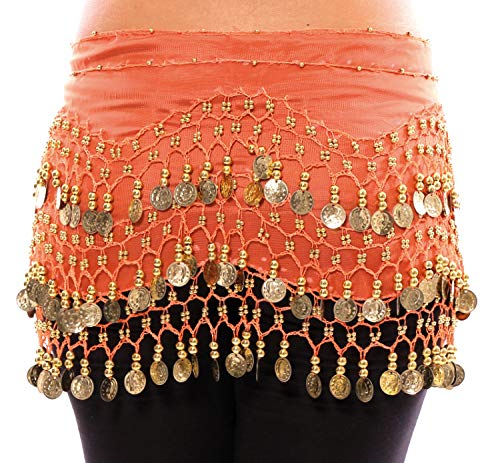 VRITRAZ Women's Chiffon Belly Dance Hip Scarf Waistband Belt Skirt with128 Ringy Golden Coins 128 Orange - Image 3