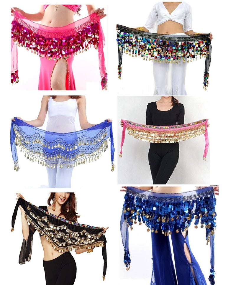 VRITRAZ Women's Chiffon Belly Dance Hip Scarf Waistband Belt Skirt with128 Ringy Golden Coins 128 Orange - Image 5