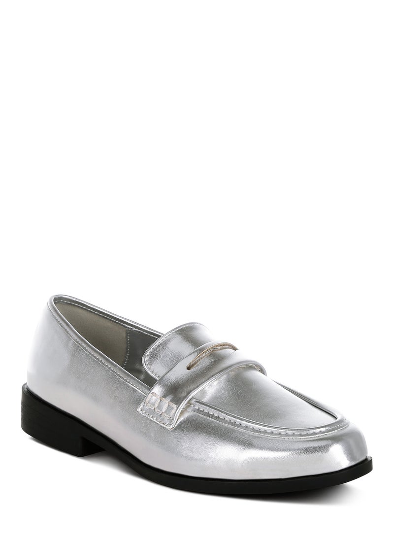 London Rag Metallic Faux Leather Flat Loafers in Silver  - Image 2