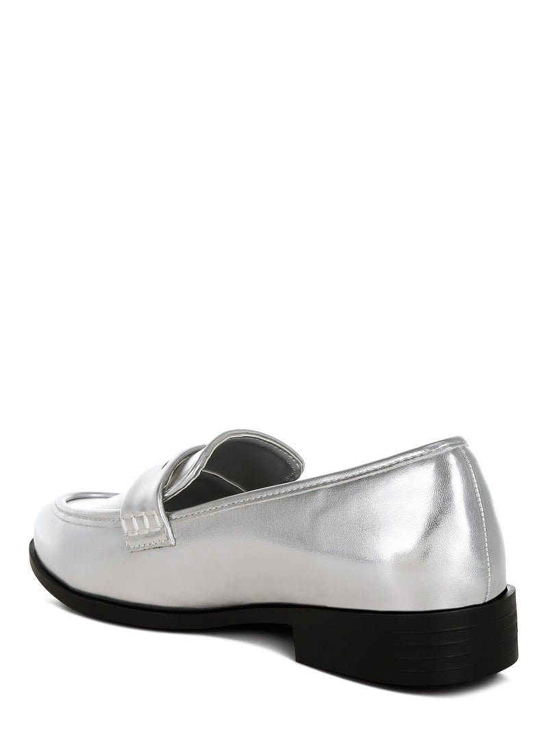 London Rag Metallic Faux Leather Flat Loafers in Silver  - Image 3