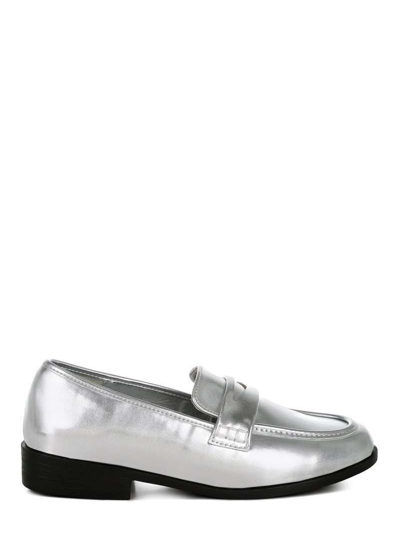 London Rag Metallic Faux Leather Flat Loafers in Silver  - Image 1