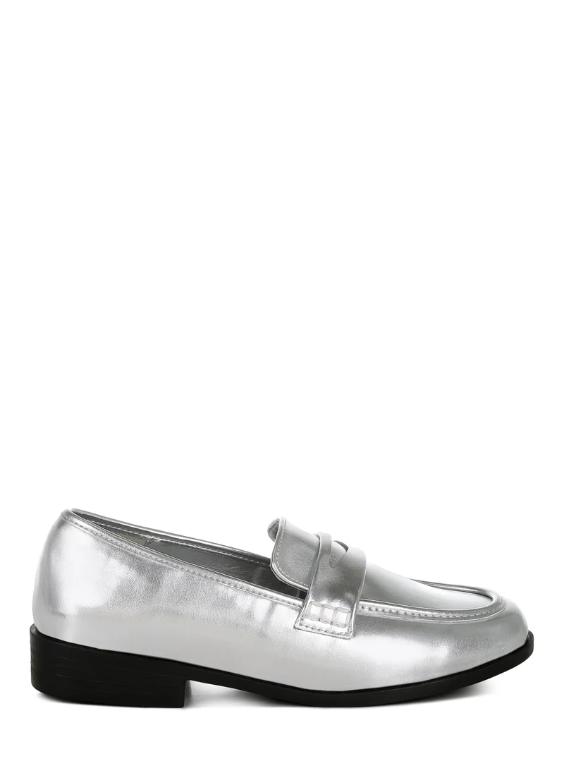 London Rag Metallic Faux Leather Flat Loafers in Silver