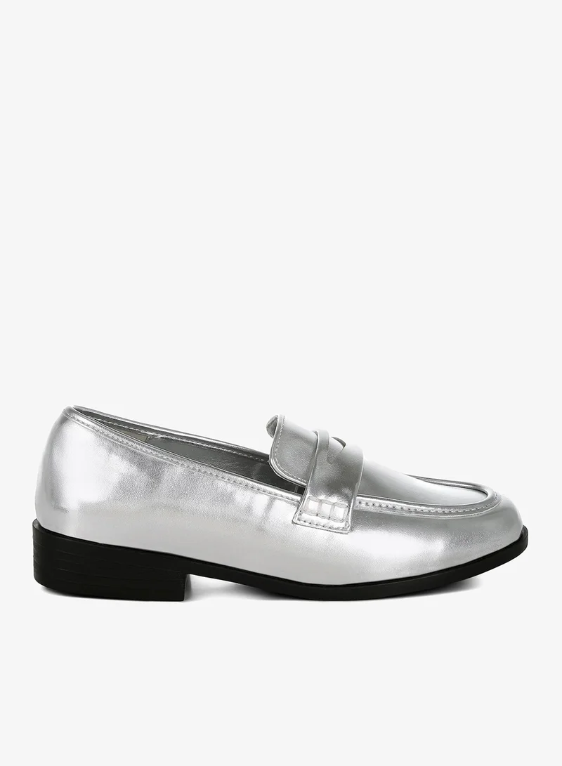 Metallic Faux Leather Flat Loafers in Silver