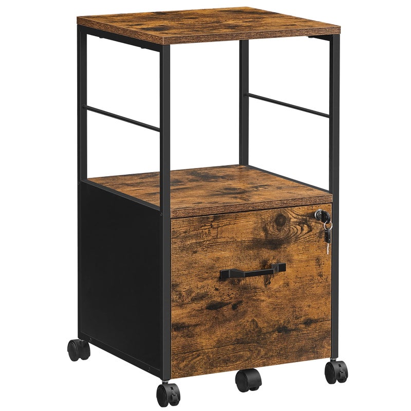 VASAGLE خزانة ملفات VASAGLE ذات درج واحد مع قفل ورف طابعة، منظم مكتب لملفات بحجم A4 وحجم خطاب، بني ريفي وأسود UOFC044B01