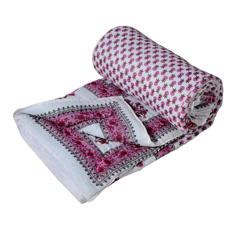 LOARSHY Pure Cotton Handmade Floral Printed Pink Quilt | Soft and Lightweight and Warm Jaipuri Rajasthani Double Bed Razai | Soft AC Quilt for Summer and Winters | Gift Item for Loved Ones - Image 3