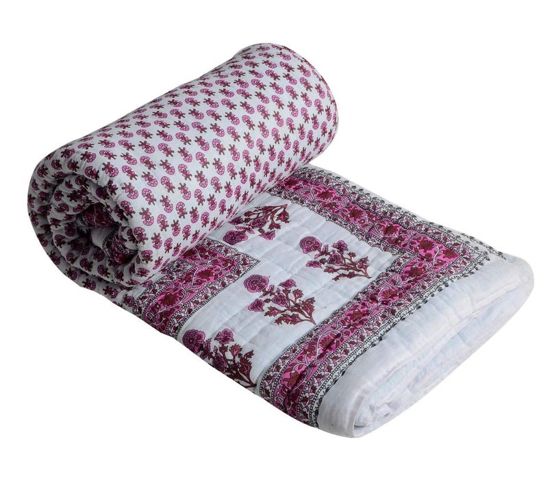 LOARSHY Pure Cotton Handmade Floral Printed Pink Quilt | Soft and Lightweight and Warm Jaipuri Rajasthani Double Bed Razai | Soft AC Quilt for Summer and Winters | Gift Item for Loved Ones - Image 1