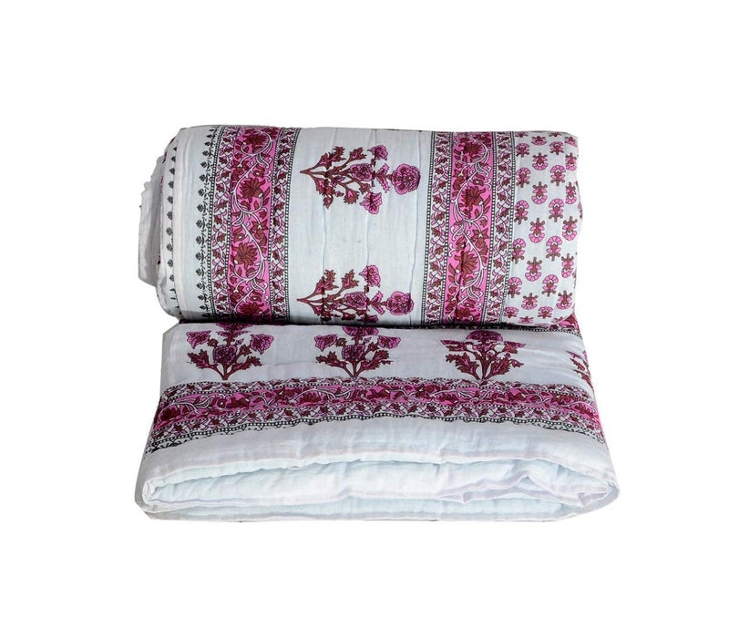 LOARSHY Pure Cotton Handmade Floral Printed Pink Quilt | Soft and Lightweight and Warm Jaipuri Rajasthani Double Bed Razai | Soft AC Quilt for Summer and Winters | Gift Item for Loved Ones - Image 2