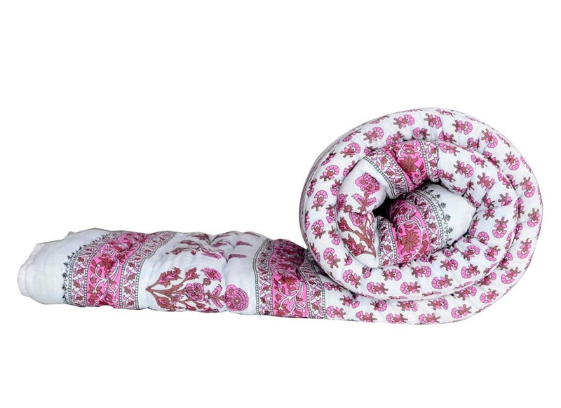 LOARSHY Pure Cotton Handmade Floral Printed Pink Quilt | Soft and Lightweight and Warm Jaipuri Rajasthani Double Bed Razai | Soft AC Quilt for Summer and Winters | Gift Item for Loved Ones - Image 5