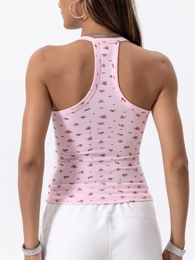 Danysu V Neck Racerback Tank Top for Women with Built in Bra Ribbed Long Tank Fitted Basic Cami Tops Floral Pink Rose S - Image 2