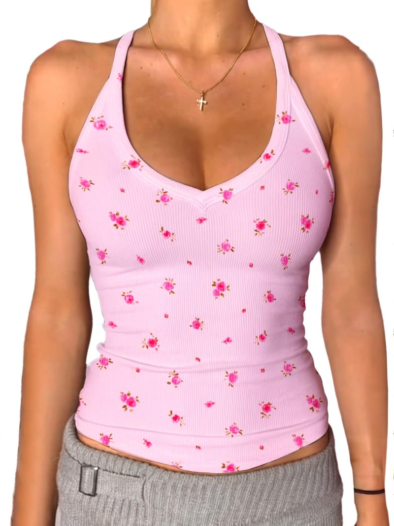 Danysu V Neck Racerback Tank Top for Women with Built in Bra Ribbed Long Tank Fitted Basic Cami Tops Floral Pink Rose S - Image 1