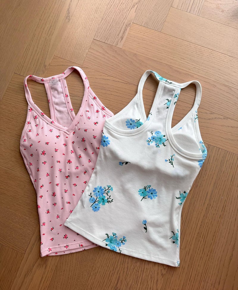 Danysu V Neck Racerback Tank Top for Women with Built in Bra Ribbed Long Tank Fitted Basic Cami Tops Floral Pink Rose S - Image 3