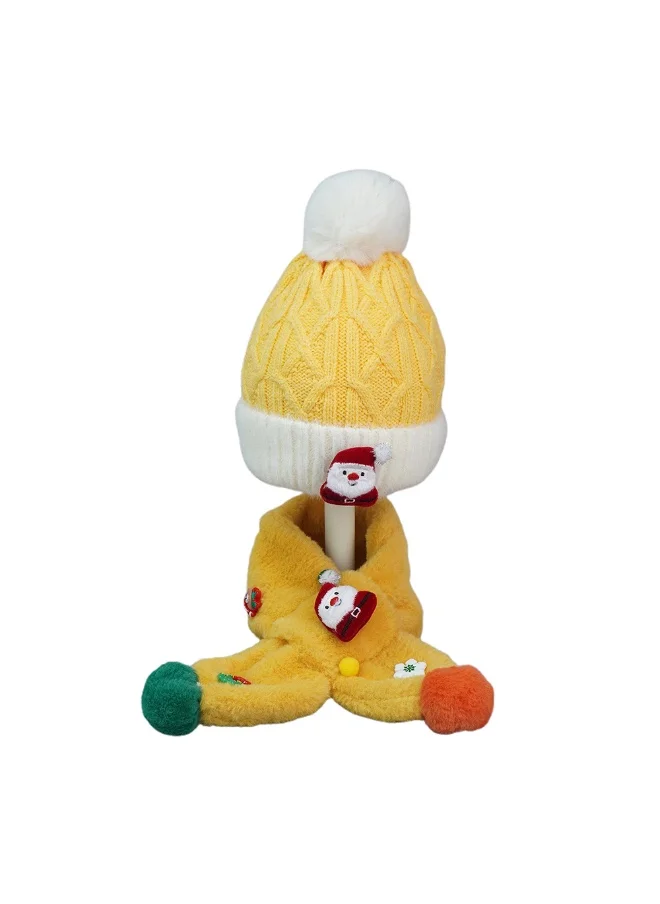 LITTLE SURPRISE BOX 2Pcs Yellow Santa Christmas Themed Winter Cap Beanie With Matching Long Style Neck Muffler For Kids