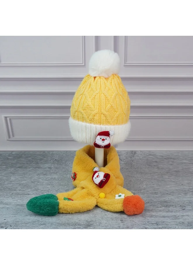 LITTLE SURPRISE BOX 2Pcs Yellow Santa Christmas Themed Winter Cap Beanie With Matching Long Style Neck Muffler For Kids